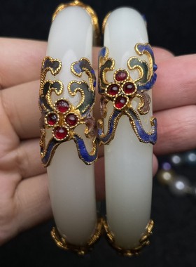 古玩收藏老白玉包金圆条手镯精品正圆女款玉镯子玉手环套装一套