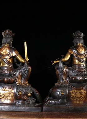 古玩珍品珍藏紫铜鎏金造像文殊普贤菩萨佛像紫铜鎏真金家居摆件