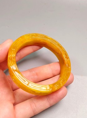 缅甸老黄翡翠玉手镯女冰糯种满色正黄老坑翡翠色浮雕刻玉镯子手环
