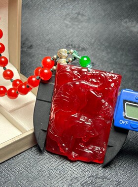 高冰种红翡翠玉老料山水人家项链吊坠手工精雕挂坠颈饰品收藏