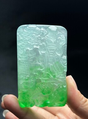 缅甸阳绿飘花山水财神玉牌吊坠辣色阳绿飘花风景玉坠方形玉牌