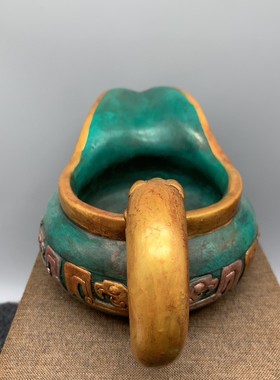 古玩民俗旧货仿松石雕刻描金龙杯壶家居复古装饰雪花石膏收藏摆件