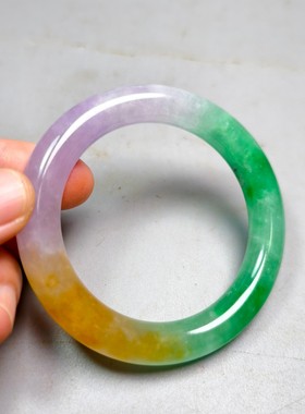 缅甸翡翠手镯圆条正圈玉手镯冰种福禄寿三彩玉石手镯简约时尚