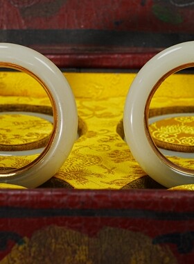 复古手工新疆和田羊脂汉白玉老镯子圆条包金玉镯手镯女款饰品礼物