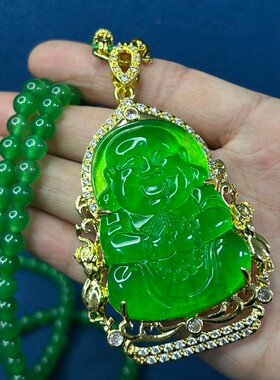 翠玉老料高冰飘绿老翠玉弥勒佛项链吊坠手工雕刻挂坠颈饰品收藏