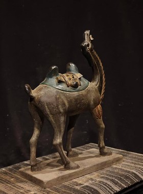 古玩旧藏青石唐代彩绘骆驼摆件家居工艺品复古