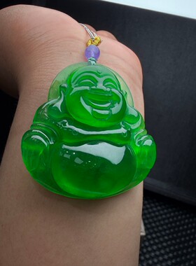 缅甸翡翠老坑冰种满色深绿帝王绿精雕弥勒佛玉石吊坠玉坠