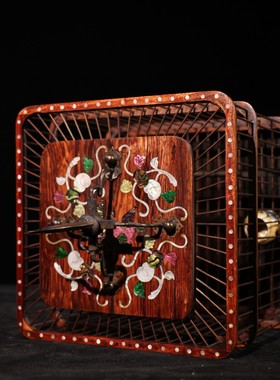 古董文玩旧藏花梨木镶贝壳方鸟笼鸽子笼小型鸟笼复古老物件