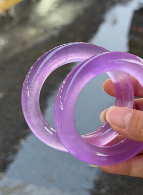 精品缅甸翡翠色冰种紫罗兰翡翠圆条手镯冰紫色玉石镯子女款小圈口