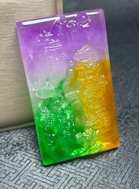 缅甸冰种满绿阳绿山水意境牌吊坠挂件冰种满绿阳绿花鸟牌项链玉