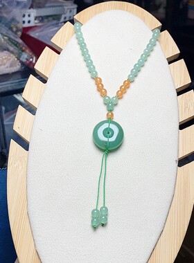 天然东陵玉平安扣毛衣链女款简约复古玉石圆珠项链饰品送礼物