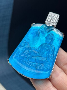 翡翠色蓝水高冰海蓝宝吊坠女男款竹林观音牌镶嵌款海蓝宝项坠饰
