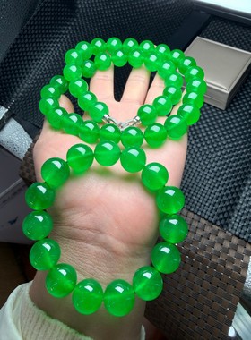 古玩旧藏翡翠手串圆珠串缅甸货老坑帝王绿满绿珠链手串项链一套