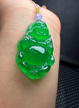 缅甸翡翠老料高冰帝王绿佛公项链吊坠手工雕刻挂坠颈饰品收藏