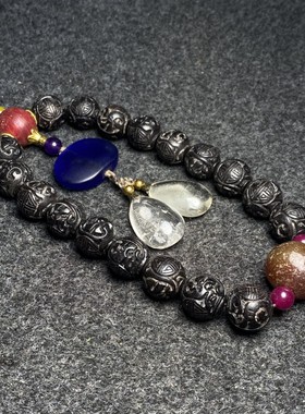 古玩旧藏花梨木镶螺钿首饰盒内珍藏沉香刻工十八子手持手链