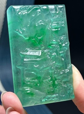 高冰种飘绿老翠玉山水吊牌玉佩项链缅甸老翡翠冰透毛衣链正品百搭