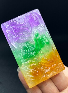 翡翠色冰种多彩方牌子大款山水观音方牌吊坠男女同款大玉坠毛衣链