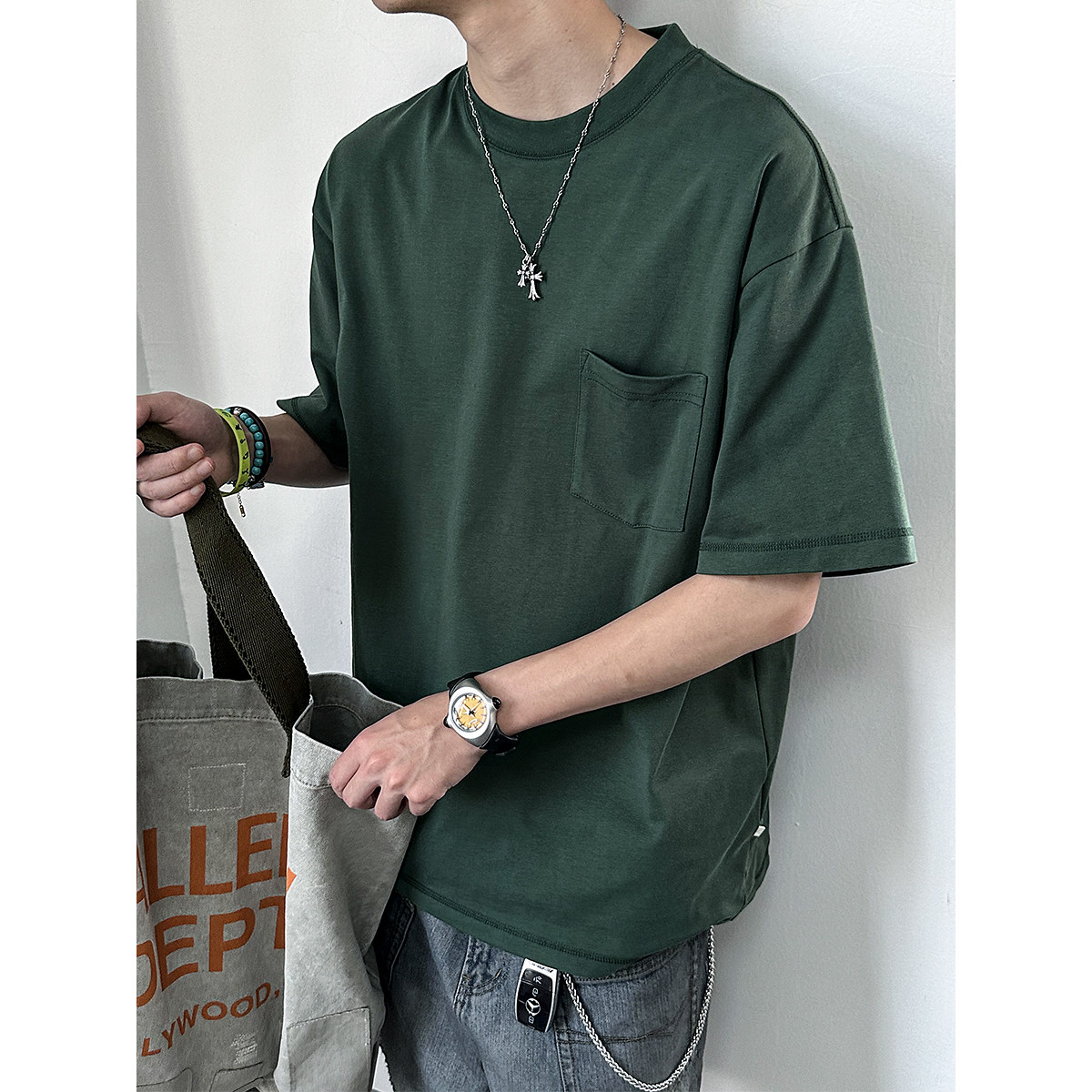 SKASEE 重磅300G精梳纯棉短袖T恤男潮宽松三针五线纯色口袋打底衫,淘宝优惠券,粉丝福利购,淘宝优惠卷