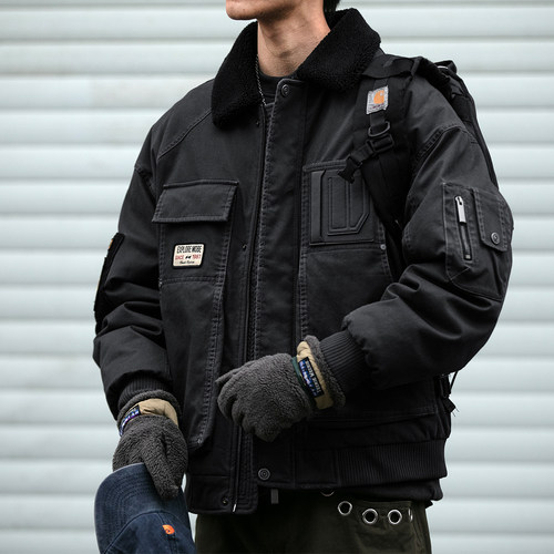 美式复古巴恩风羊羔毛领MA1空军飞行夹克外套工装羽绒服90绒保暖 - 图2