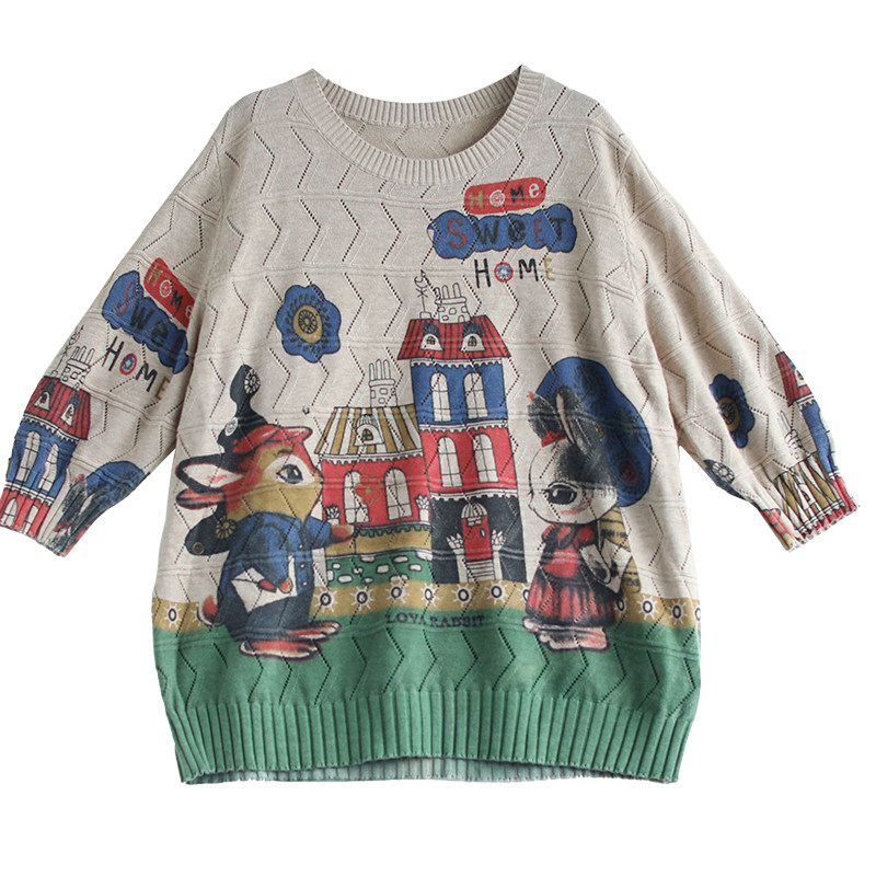 镂空明线圆领棉线七分袖针织衫t恤 花概念T恤