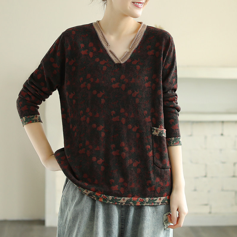 半开v领拼色棉线针织秋季t恤衫 花概念毛针织衫