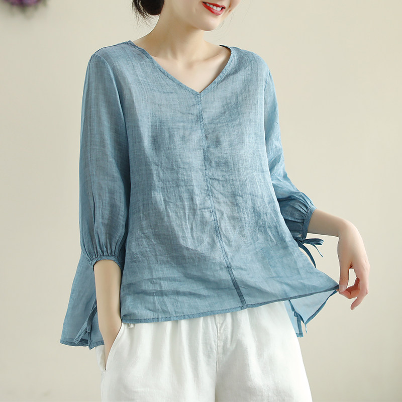 v领套头七分袖棉麻薄款透气t恤衫 花概念T恤