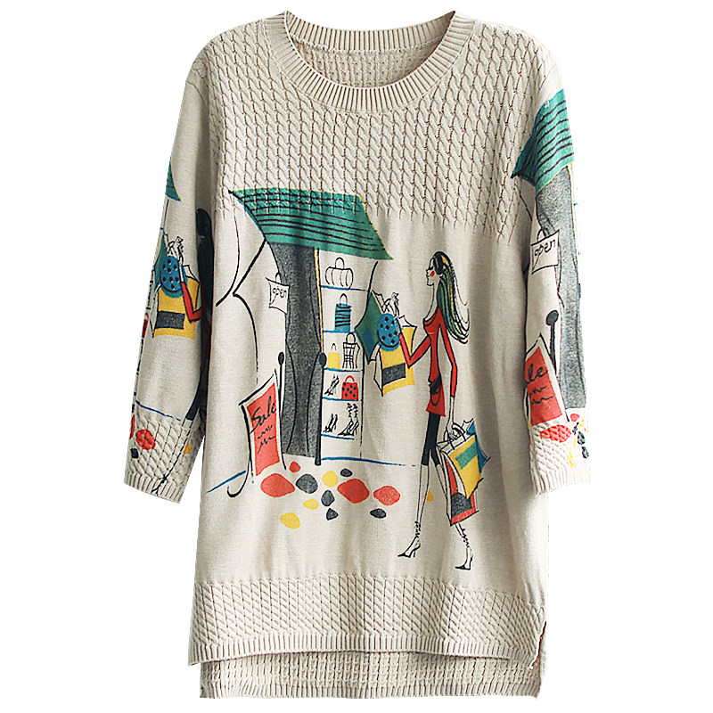 螺纹圆领棉线七分袖针织衫春季t恤 花概念毛针织衫