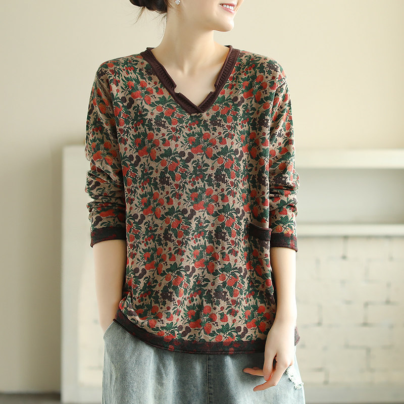 半开v领拼色棉线针织秋季t恤衫 花概念毛针织衫
