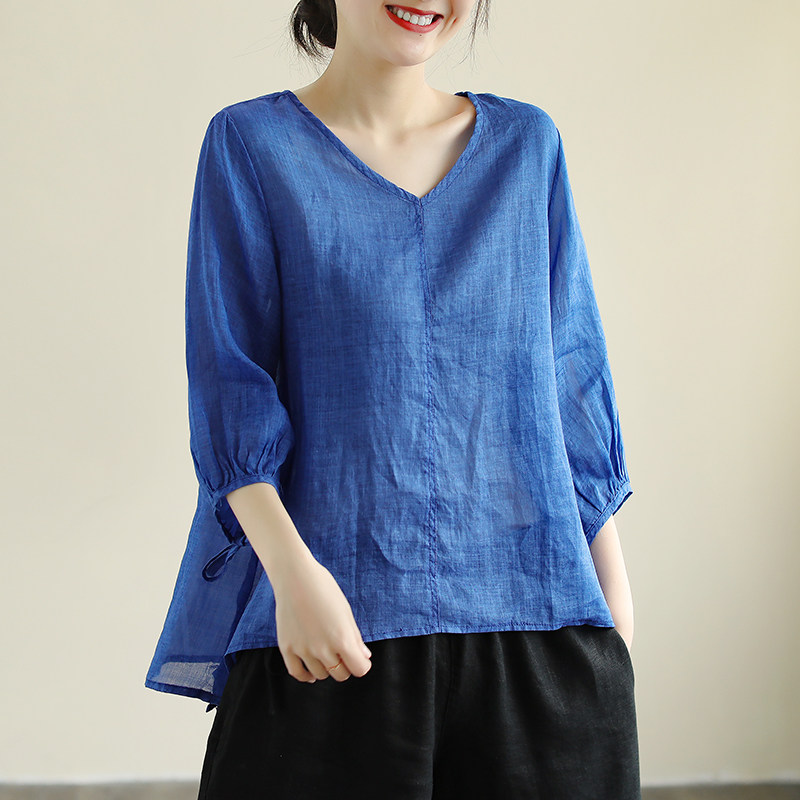 v领套头七分袖棉麻薄款透气t恤衫 花概念T恤