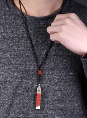 瑜逸棠紫檀木吊坠古风定情信物饰品刻字纯银印章情侣项链男女一对