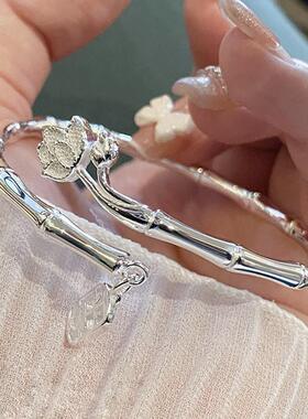 999纯银手镯女万花筒幸运四叶草开口足银镯子实心时尚年轻款手环