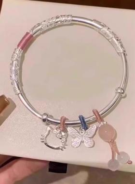 正品繁花似锦Kitty猫纯银手镯999实心足银镯子送女朋友生日礼物