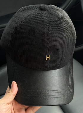 汇潮帽业 秋冬软顶复古刺绣棒球帽子灯芯绒拼接皮檐鸭舌帽显脸小