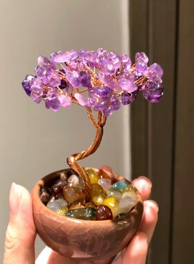 【红薯推荐】办公室聚宝盆茶盏底座水晶发财树摆件桌面水晶生命树