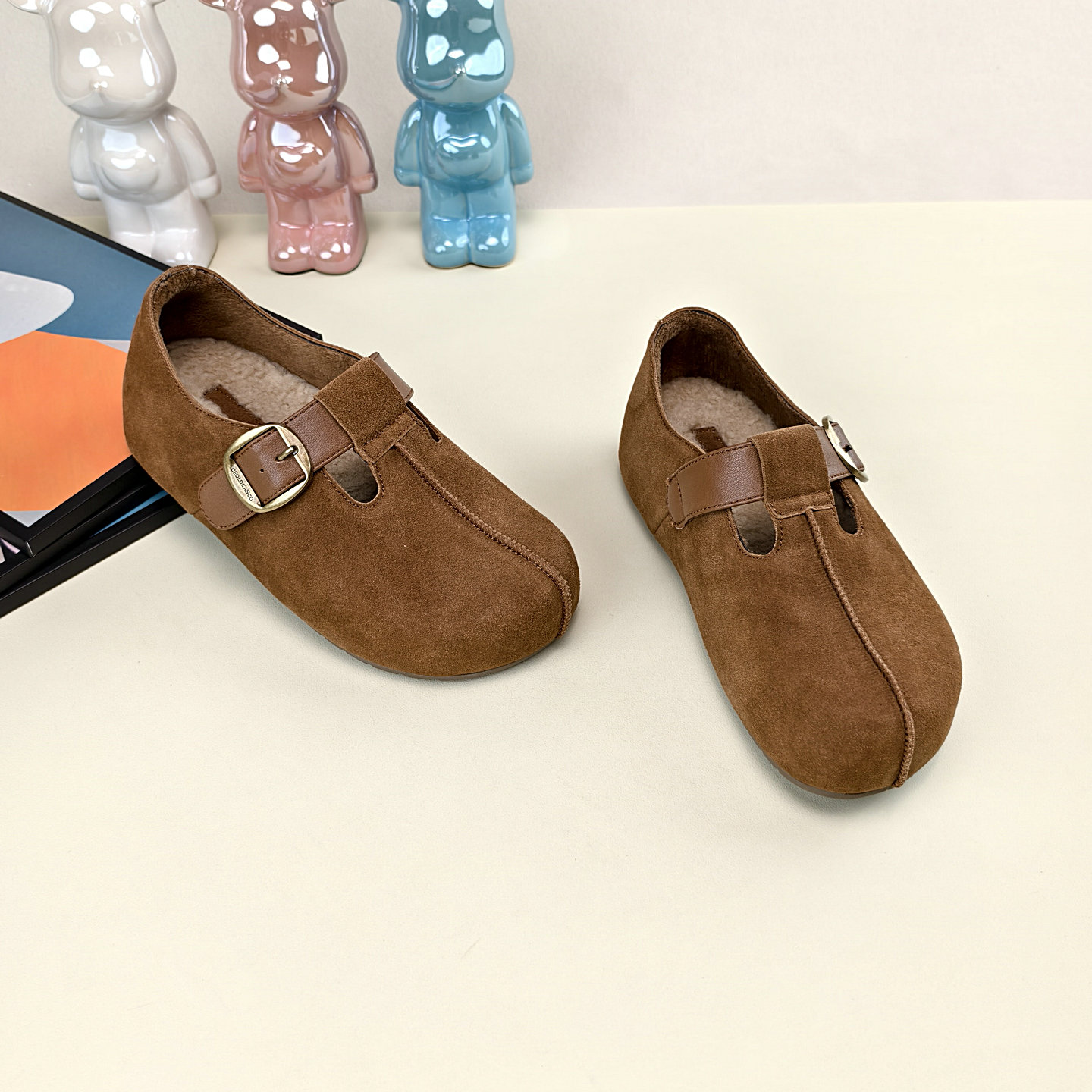 真皮厚底加绒勃肯鞋女2025冬季新款百搭内增高懒人皮带扣复古棉鞋 - 图3