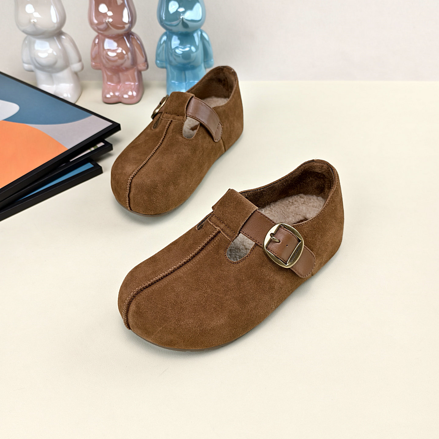 真皮厚底加绒勃肯鞋女2025冬季新款百搭内增高懒人皮带扣复古棉鞋 - 图2