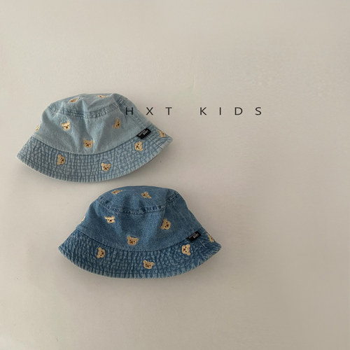 儿童渔夫帽春秋季洋气小熊刺绣牛仔水洗遮阳帽子1-3岁宝宝防晒帽2 - 图2