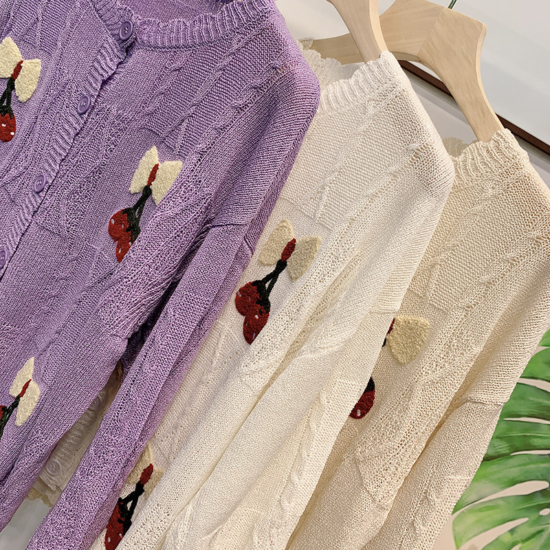 早秋新品花边v领长袖宽松薄款开衫 蝶览毛针织衫