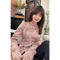 This years popular beautiful new Chinese style wind improved Tangclothing printed disc buckled with velvet blouses women 2024 autumn and winter