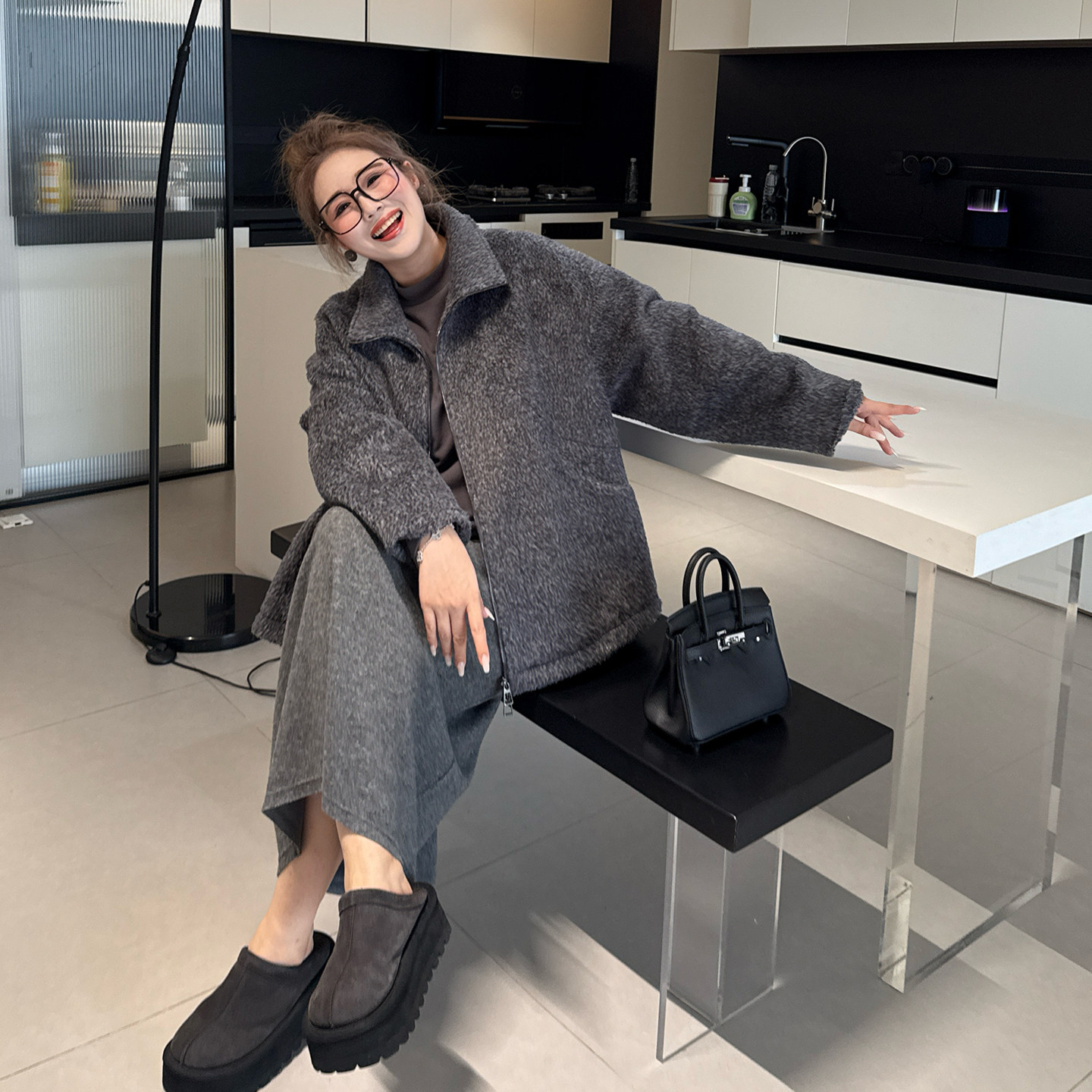 【年末8折】媛子家大码冬季胖mm宽松百搭遮肉纯色毛呢拉链外套女,淘宝优惠券,粉丝福利购,淘宝优惠卷