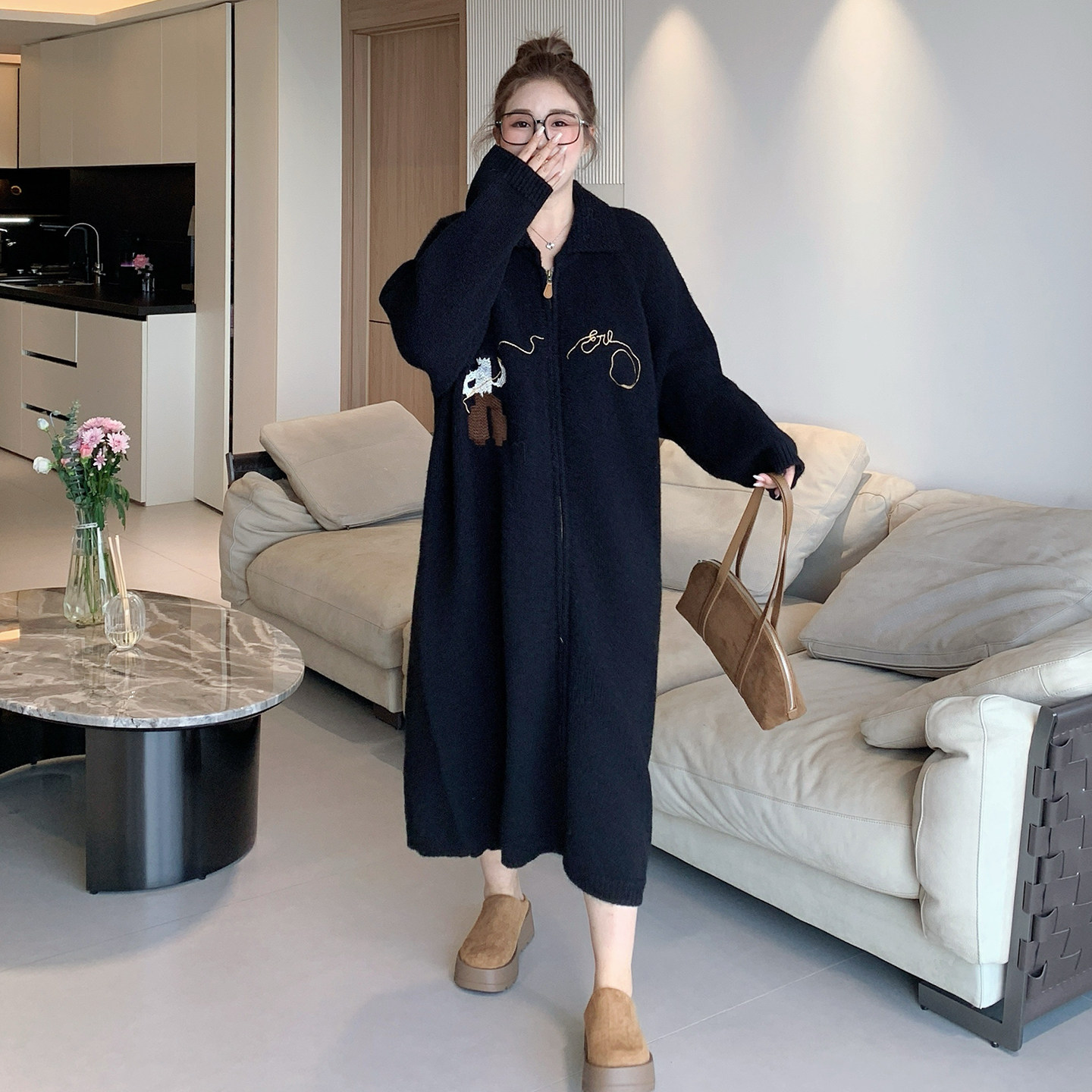 【年末8折】媛子家大码秋冬季百搭宽松胖mm连衣裙刺绣针织开衫女,淘宝优惠券,粉丝福利购,淘宝优惠卷