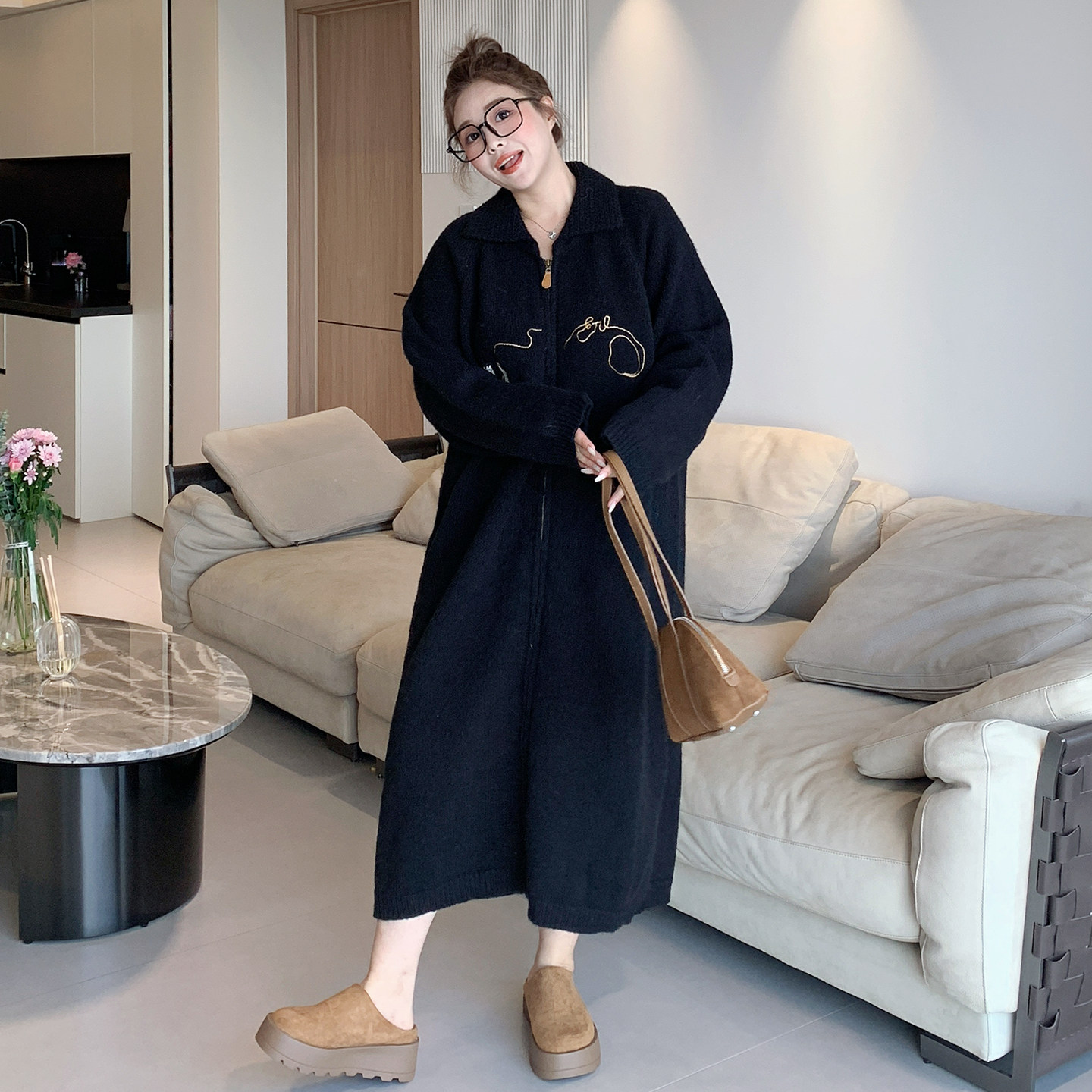 【年末8折】媛子家大码秋冬季百搭宽松胖mm连衣裙刺绣针织开衫女,淘宝优惠券,粉丝福利购,淘宝优惠卷