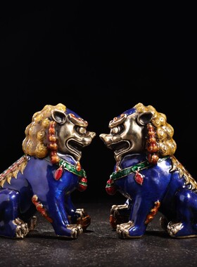 旧藏下乡收纯铜镶嵌景泰蓝狮子一对品相保存完好  做工精细