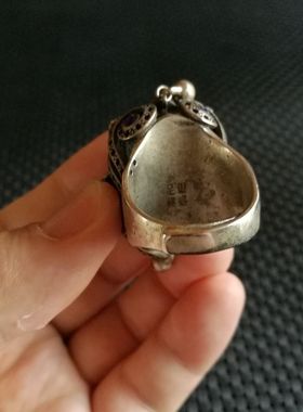 古玩古董老翠玉冰种戒面老银镶嵌镂空带铃铛开口戒指足银戒指