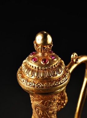 旧藏收纯紫铜鎏金高浮雕镶嵌宝石酒壶品相保存完好