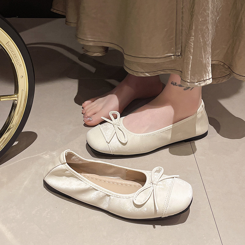 蝴蝶结单鞋女芭蕾风浅口复古平底蛋卷鞋通勤不累脚一脚蹬奶奶瓢鞋