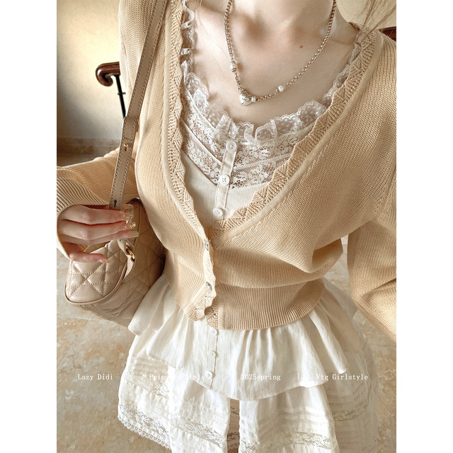 Lazy Didi ຮັກມືສອງ Vintage French lace suit waist ruffled pleated suspender skirt
