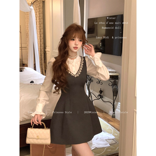 Lazy Didi曲线雕刻 手工钉珍珠A版连衣裙假两件泡泡袖高腰重工裙