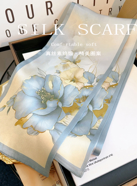 国风花卉双面双层100%桑蚕丝真丝丝巾女春夏季长条飘带围巾高级感