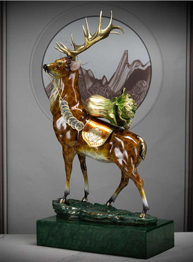 铜鹿摆件招财白菜一路向前客厅玄关装饰品办公室工艺品乔迁礼物